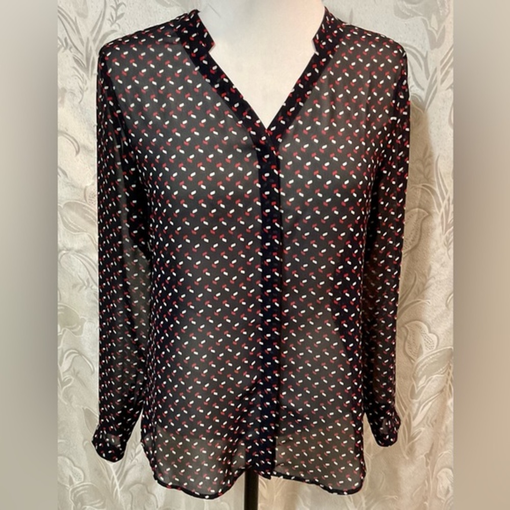 Ann Taylor Petite Black & Red Sheer Button Front Long Sleeve Blouse